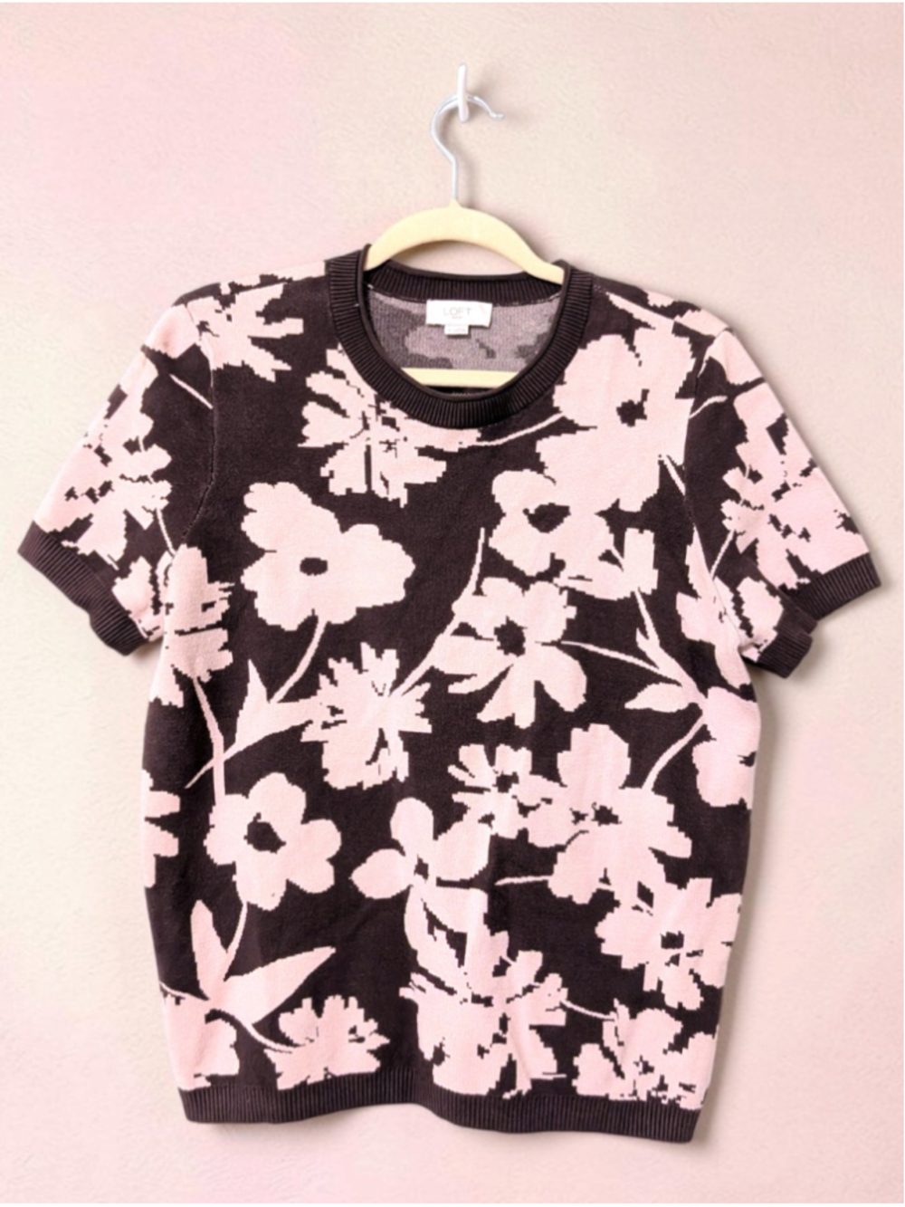 Women's Loft Outlet Floral Crew Neck Sweater Brown Pink XL